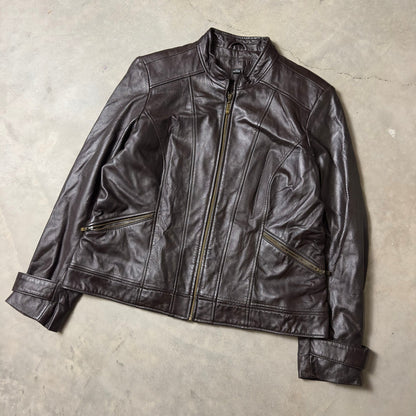 Tribal Leather Moto Jacket Womens 14 Brown Perforated Zip Mock Neck Minimalist