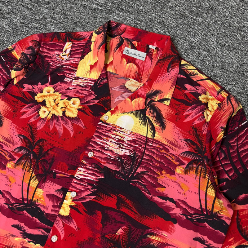 Hawaiian Vacation Sunset Print Shirt Mens L Red Tropical
