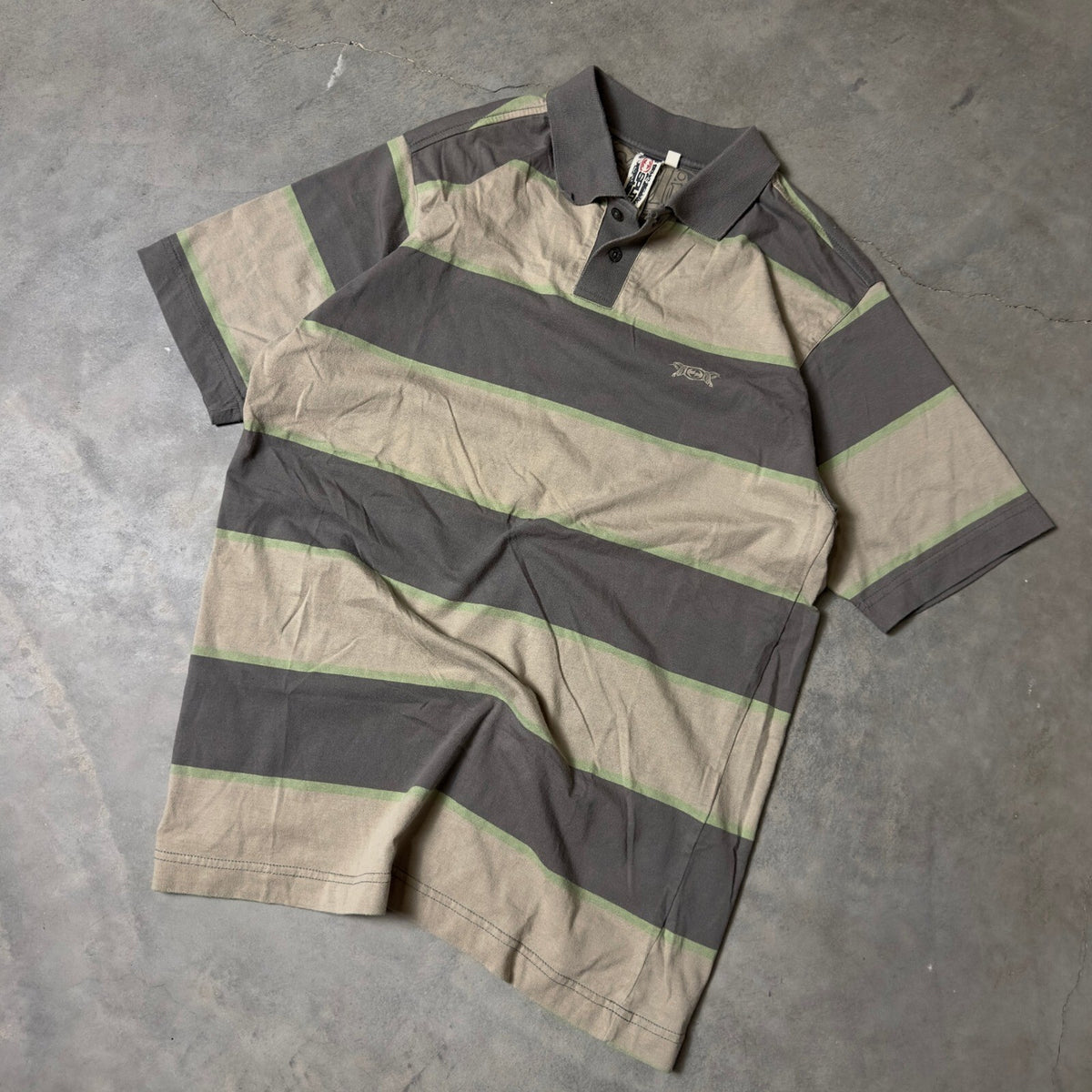 Vintage Split Polo Shirt Mens Large Gray Tan Striped Y2K