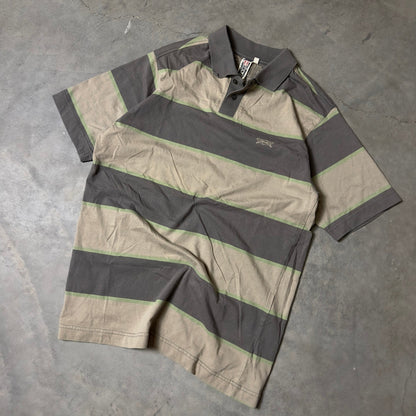 Vintage Split Polo Shirt Mens Large Gray Tan Striped Y2K