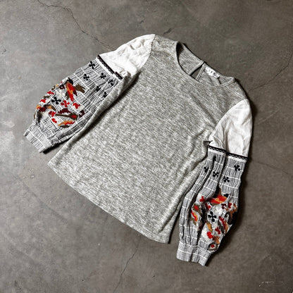 THML Embroidered Balloon Sleeve Top Women XS Grey White Boho