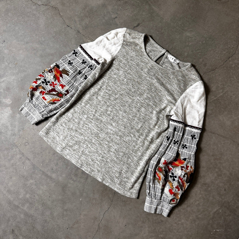 THML Embroidered Balloon Sleeve Top Women XS Grey White Boho