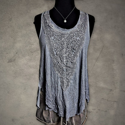 Scrapbook Lace Applique Tank Womens S Gray Boho Hi Low