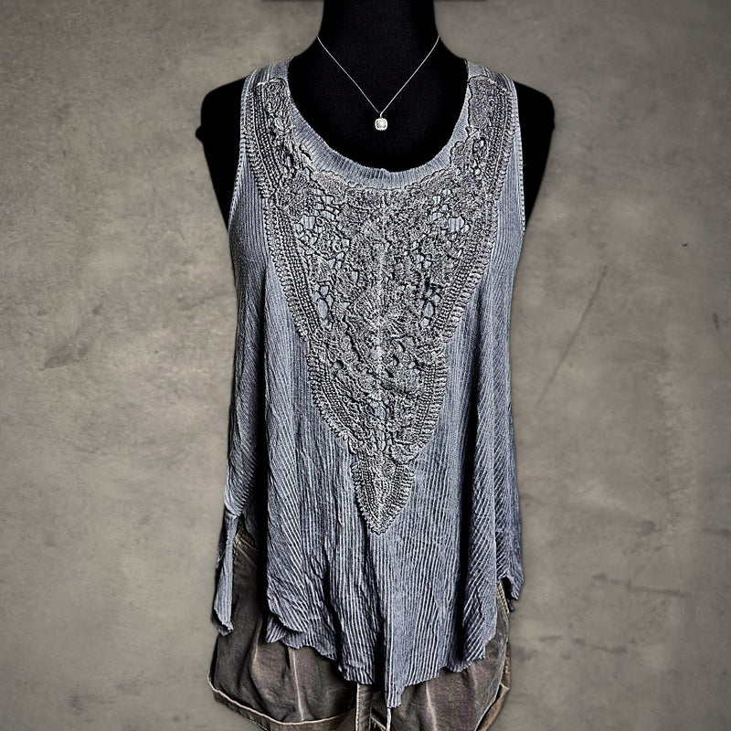 Scrapbook Lace Applique Tank Womens S Gray Boho Hi Low