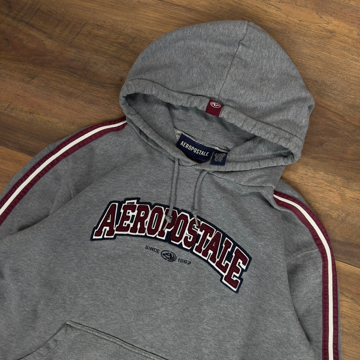 Vintage Aeropostale Mens Heather Gray Collegiate Graphic Hoodie Racing Stripe XL