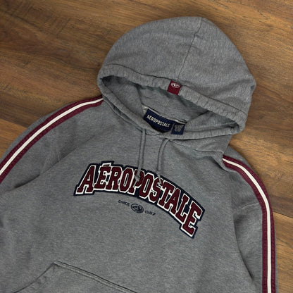 Vintage Aeropostale Mens Heather Gray Collegiate Graphic Hoodie Racing Stripe XL
