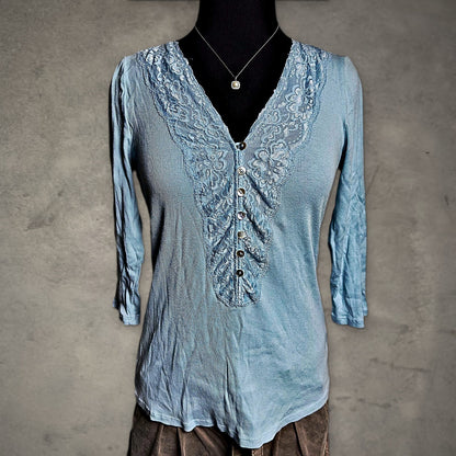 Naturelle by RXB Lace Henley Top Womens L Light Blue