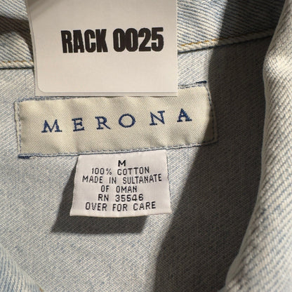 Vintage Merona Denim Jacket Women Medium Light Blue Rose Graphic 90s Boho Retro