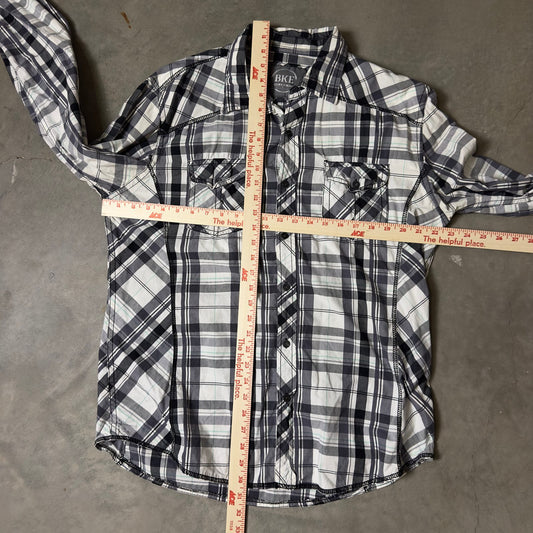 BKE Relaxed Fit Plaid Button Up Shirt Mens L Black White