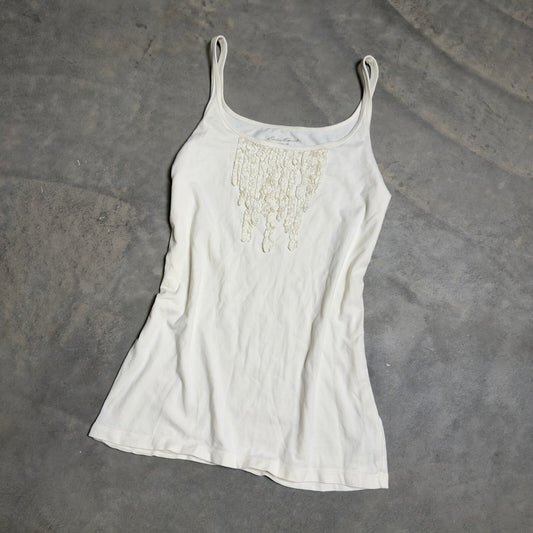 Eddie Bauer Crochet Ruffle Bib Tank Top Womens Medium Cream Cottagecore Coquette