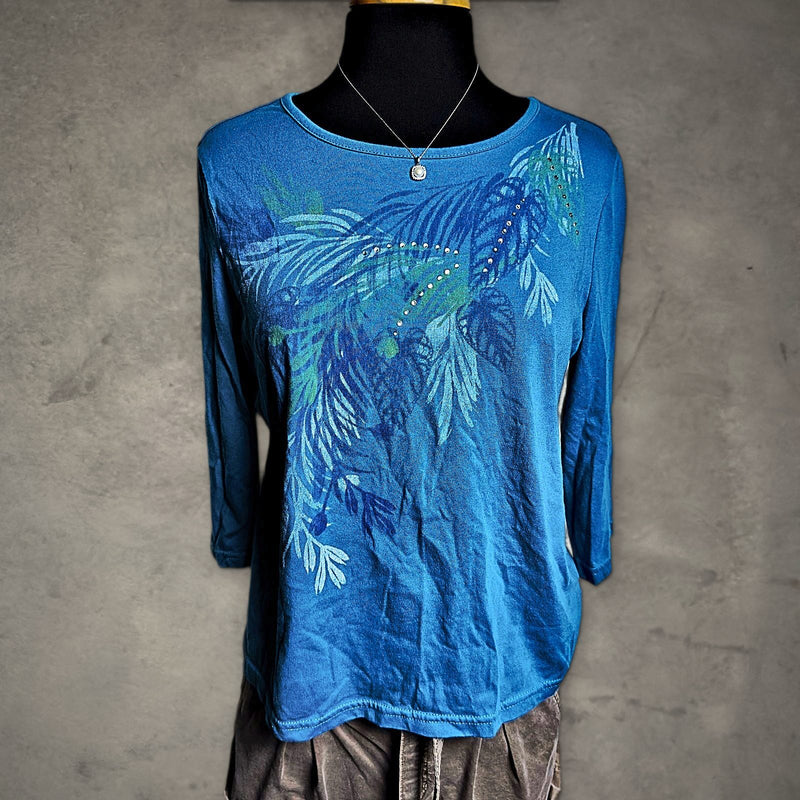 Breckenridge Rhinestone Leaf Print Top Womens L Petite Blue