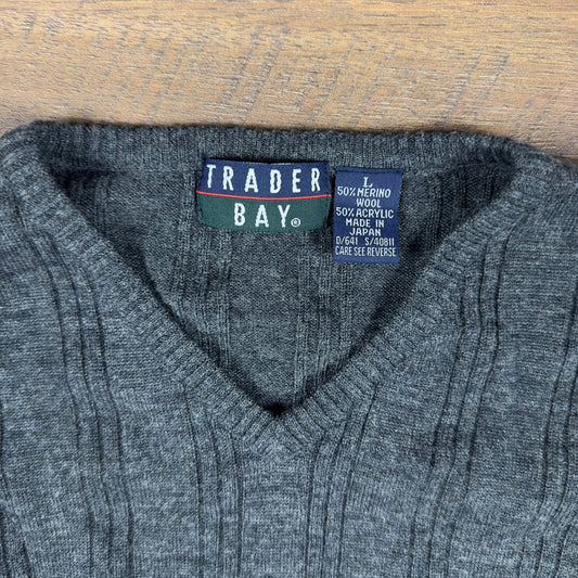 Trader Bay Merino Wool V-Neck Sweater Mens L Charcoal Gray