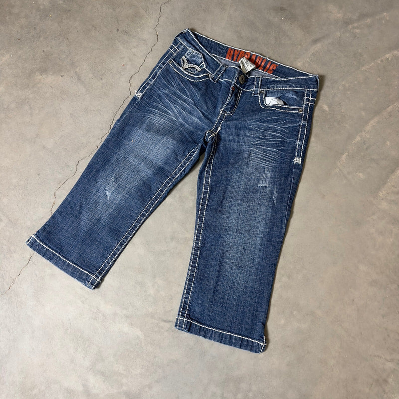 Y2K Hydraulic Denim Capris Womens 29 Dark Blue Distressed