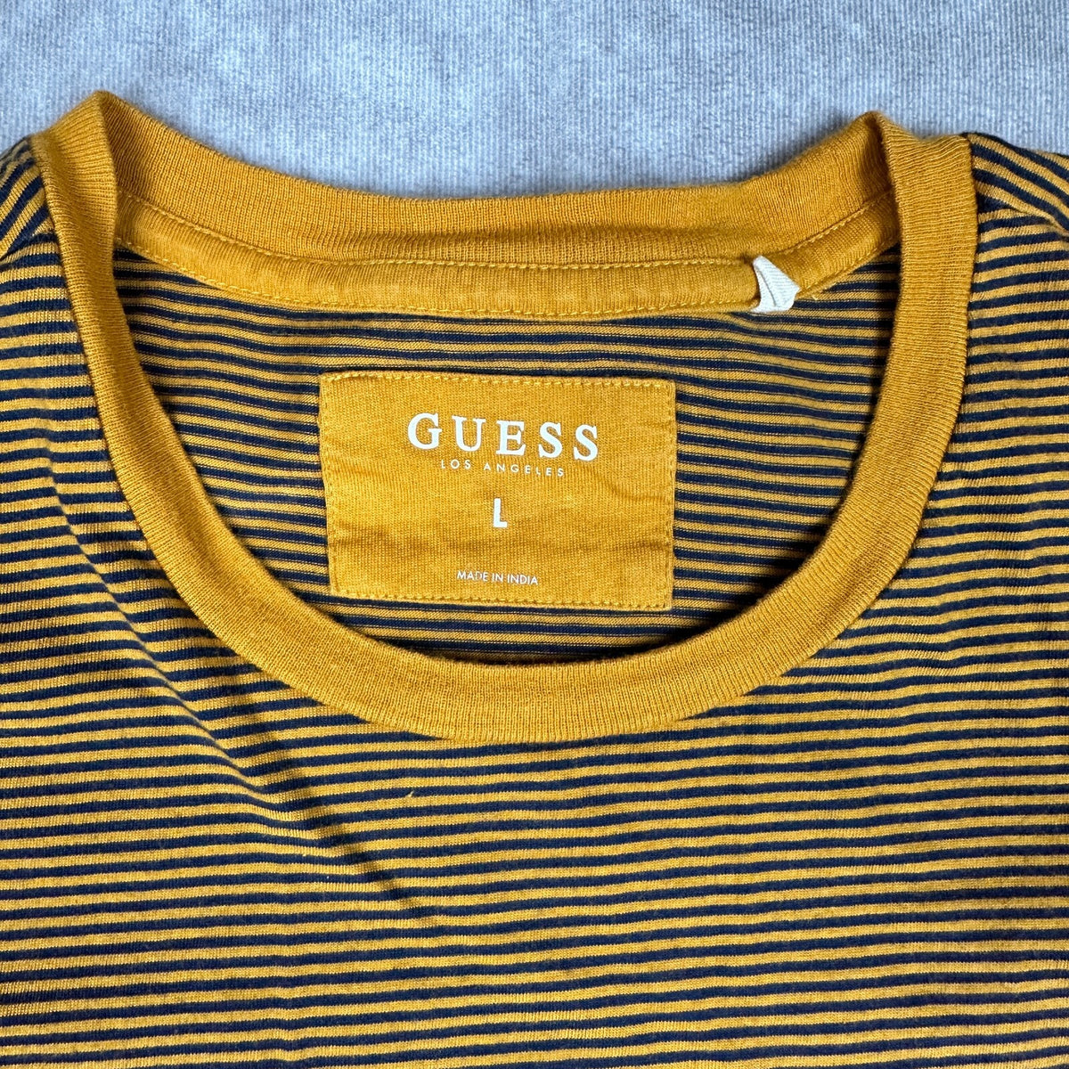 Guess Los Angeles Striped Pocket Tee Mens L Mustard Navy