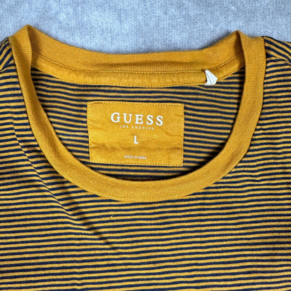 Guess Los Angeles Striped Pocket Tee Mens L Mustard Navy