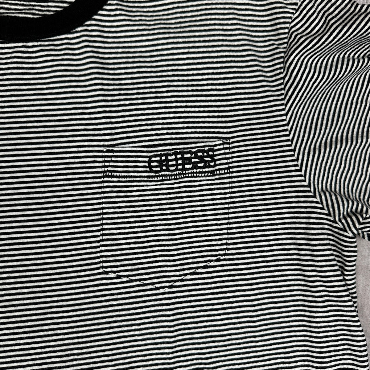 Guess Los Angeles Striped Pocket Tee Mens L Black White Logo
