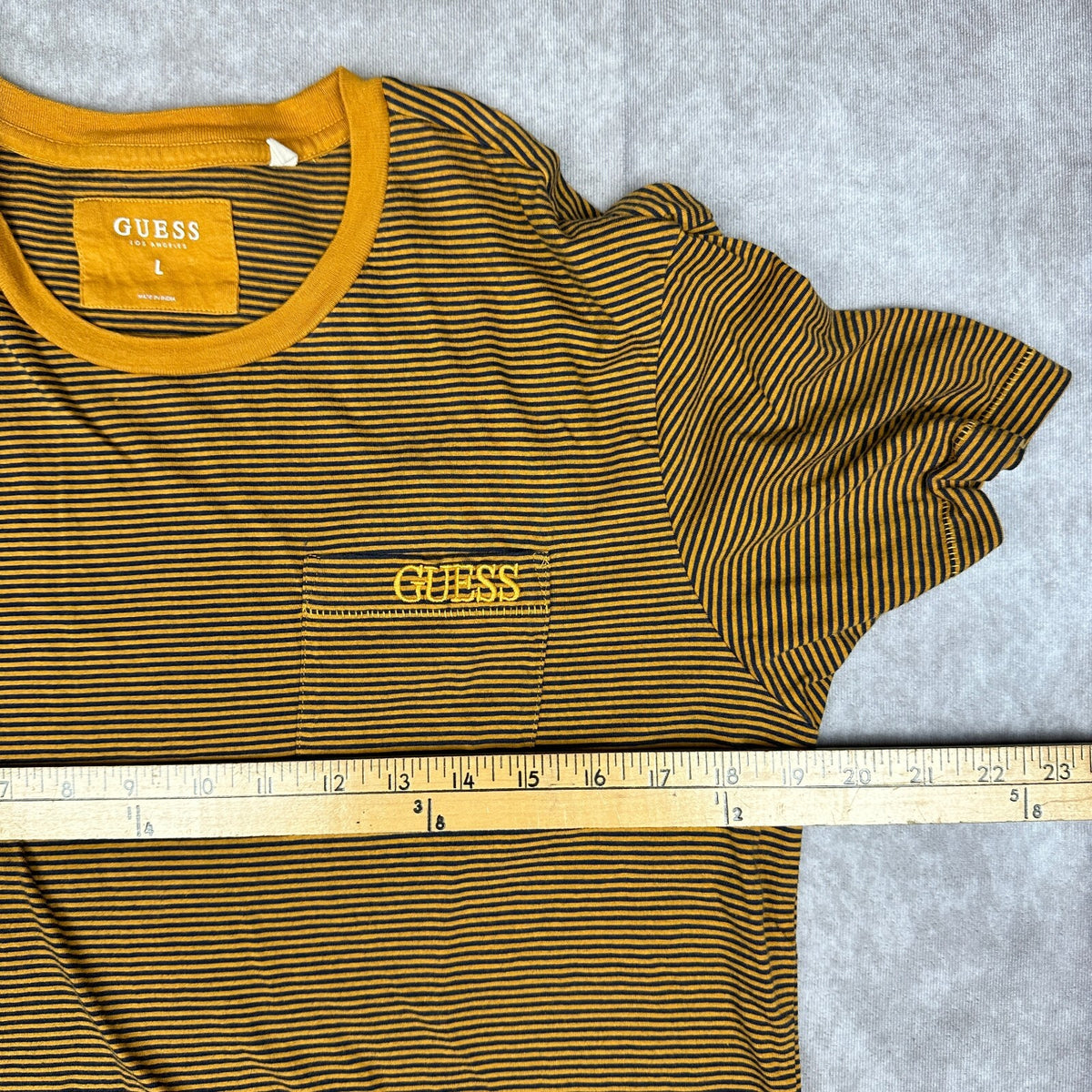 Guess Los Angeles Striped Pocket Tee Mens L Mustard Navy