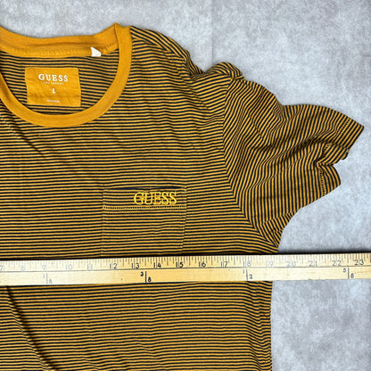 Guess Los Angeles Striped Pocket Tee Mens L Mustard Navy