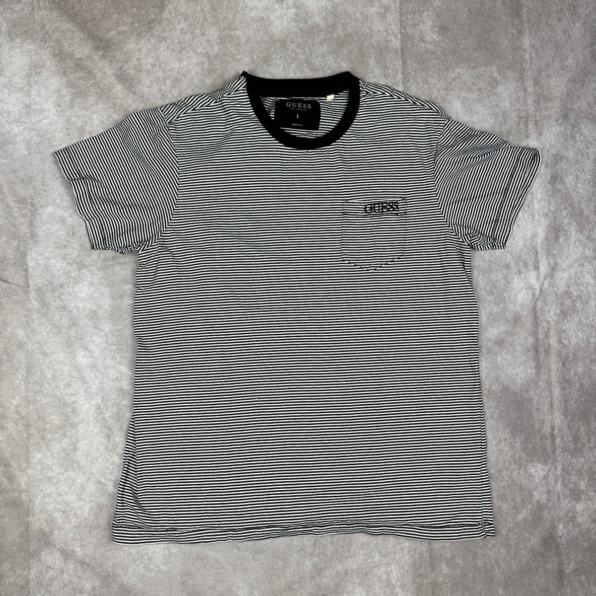 Guess Los Angeles Striped Pocket Tee Mens L Black White Logo