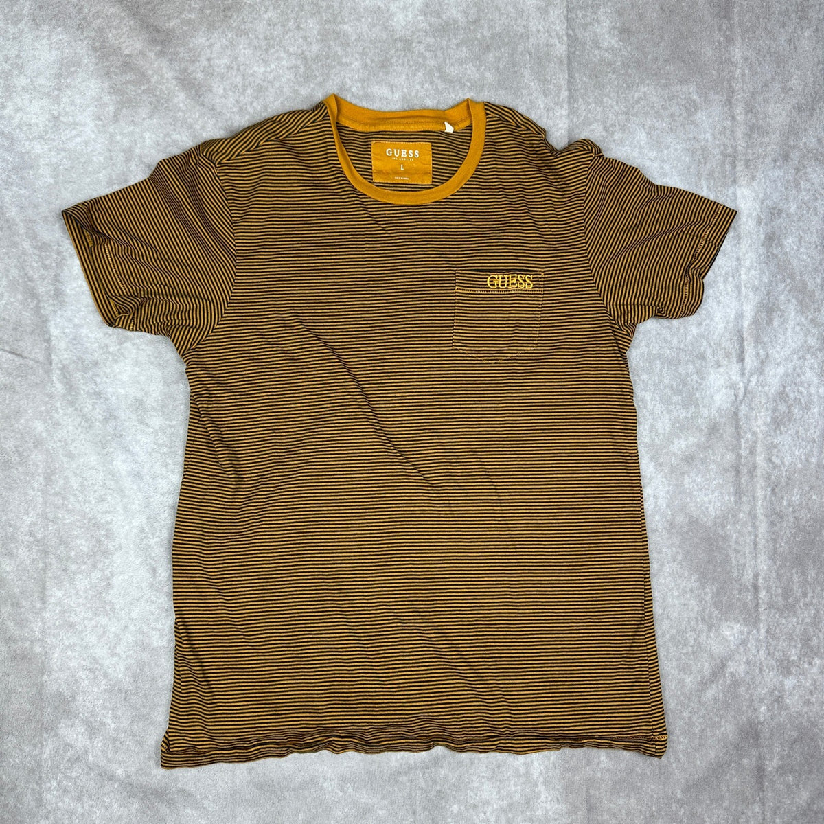 Guess Los Angeles Striped Pocket Tee Mens L Mustard Navy