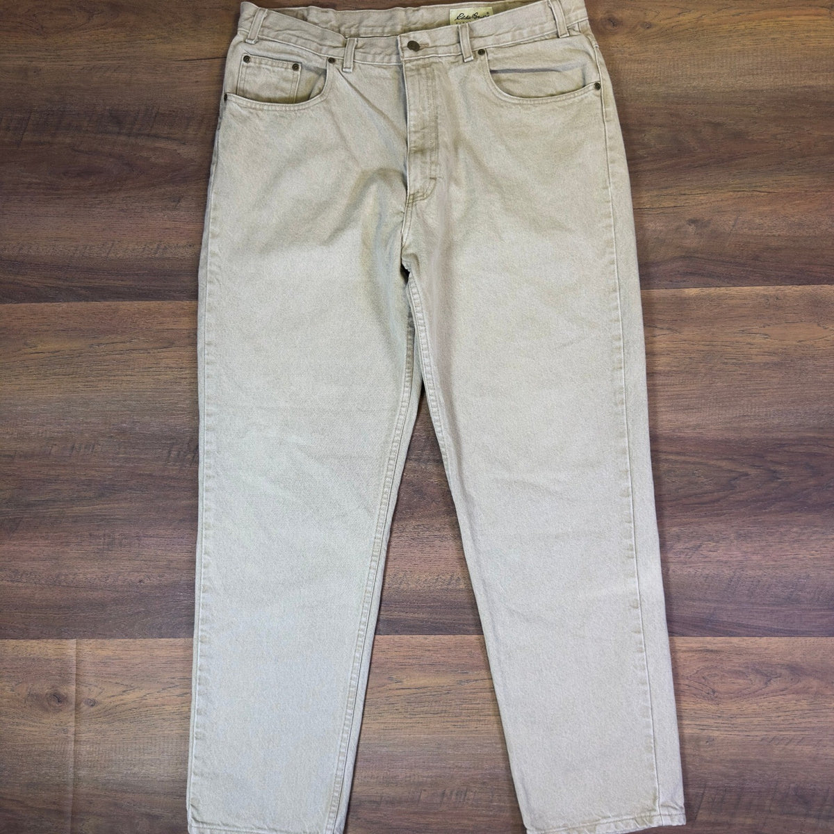 Vintage Eddie Bauer Mens Tan Khaki Denim Jeans Made in USA 38x32 Straight Leg