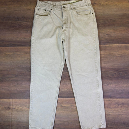 Vintage Eddie Bauer Mens Tan Khaki Denim Jeans Made in USA 38x32 Straight Leg