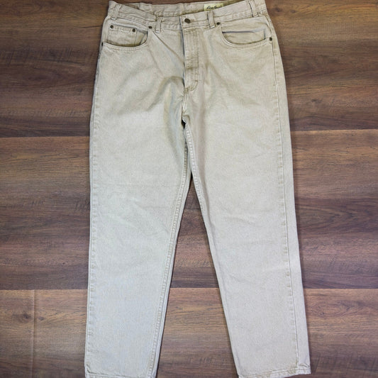 Vintage Eddie Bauer Mens Tan Khaki Denim Jeans Made in USA 38x32 Straight Leg