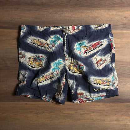 Nautica Swim Trunks Mens L Navy Blue Woody Car Surf Print
