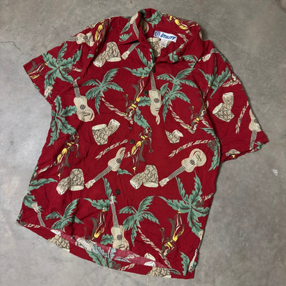 Vintage Utility Hawaiian Shirt Mens Medium Red Tropical Ukulele Drum Aloha Camp