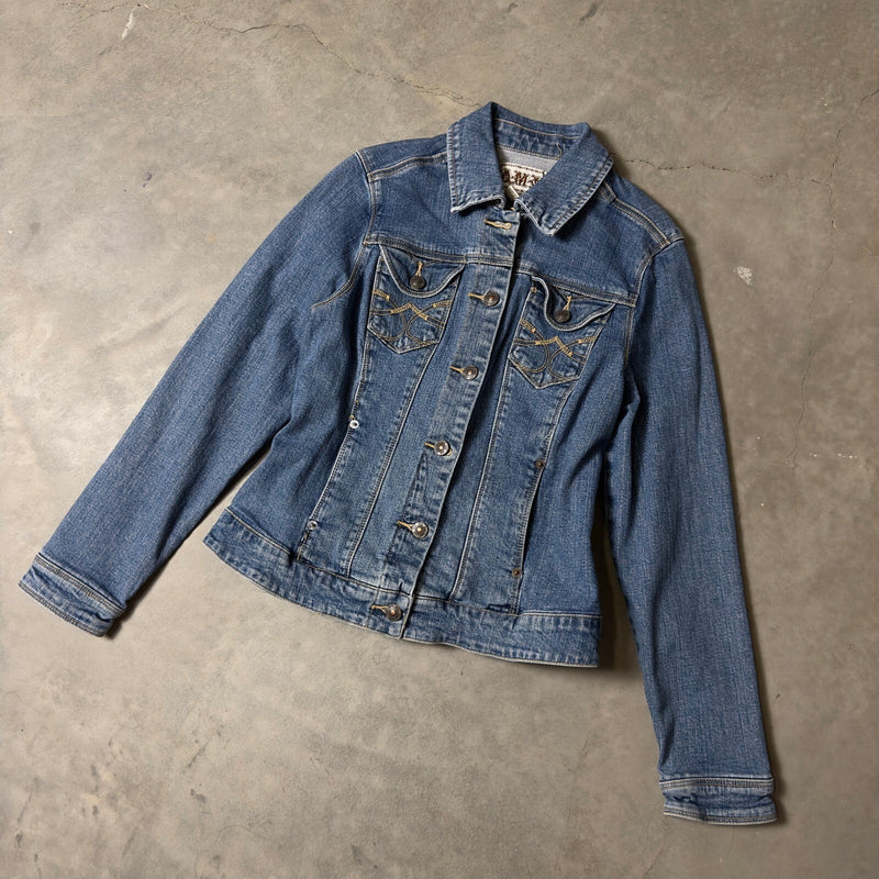 A.M.I. Denim Graphic Jacket Womens Small Blue Heels and Hustle Y2K Streetwear
