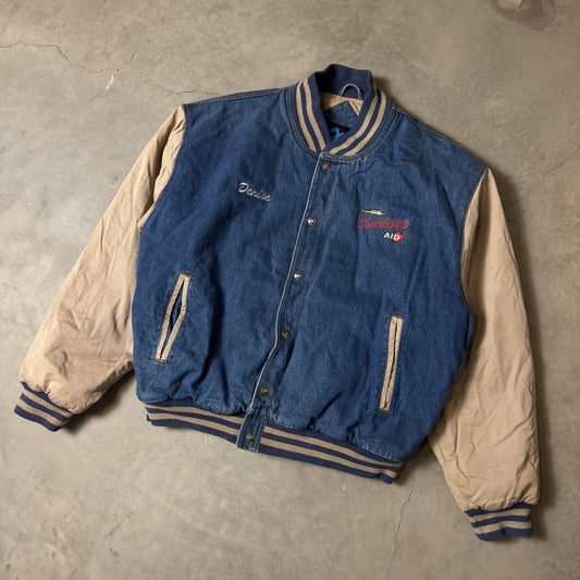 Vintage Tri-Mountain Varsity Jacket Mens XL Blue Denim Tan The Teachers Aid Y2K