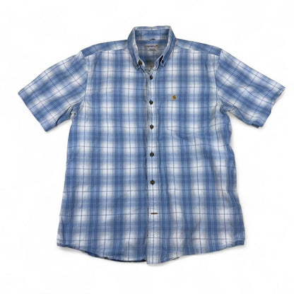 Vintage Carhartt Men's Blue Plaid Button-Up Shirt Large Y2K