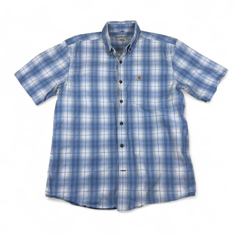 Vintage Carhartt Men's Blue Plaid Button-Up Shirt Large Y2K