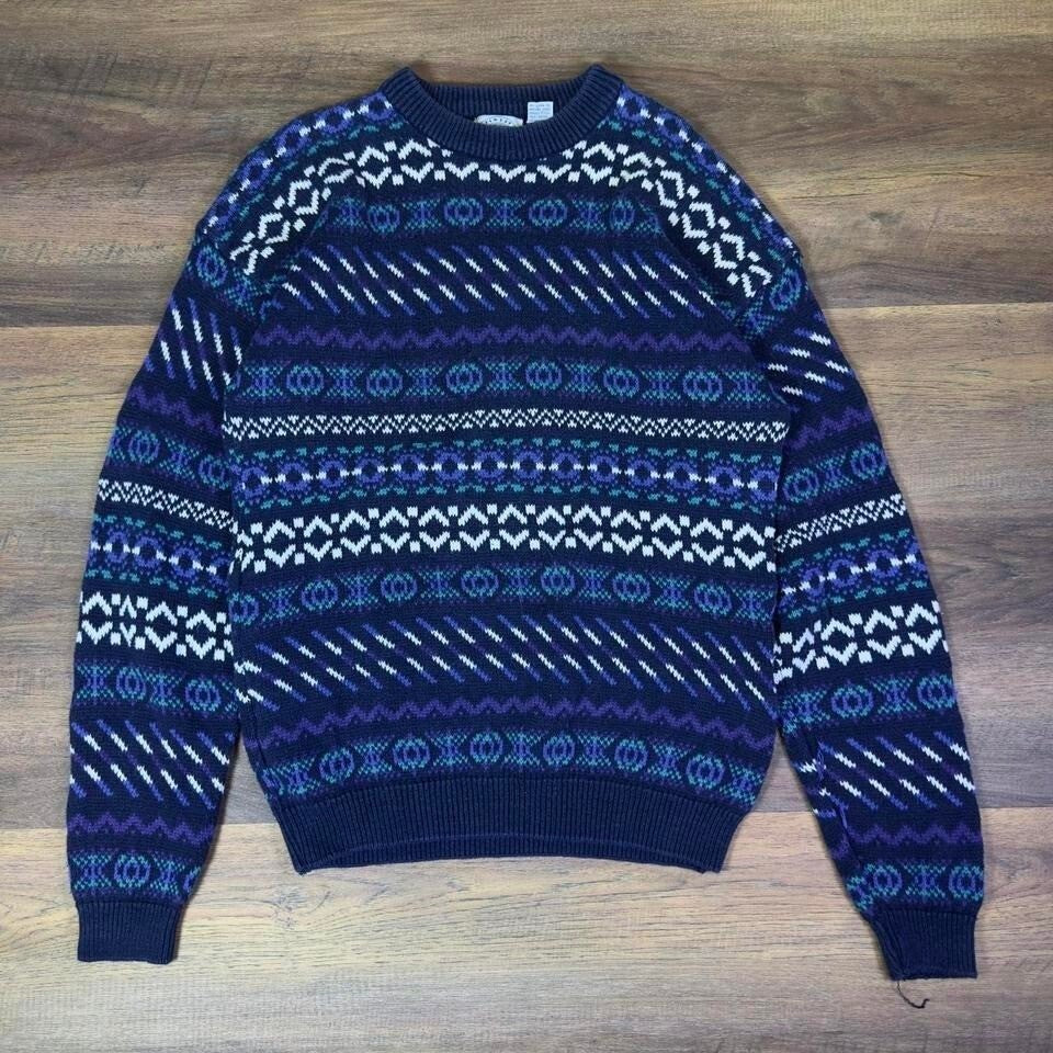 Free Fall Patterned Knit Sweater Men's M Navy Blue Crewneck
