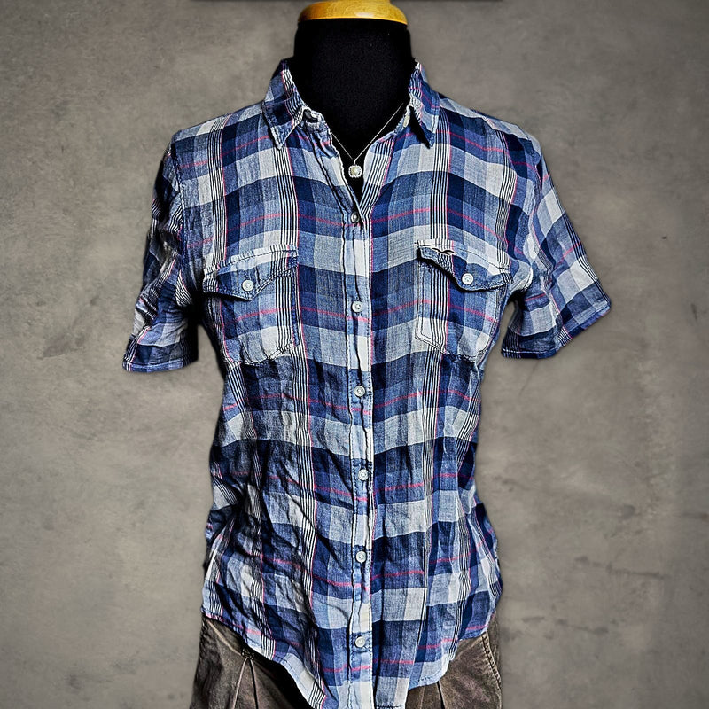 Hollister Sheer Plaid Button Up Womens M Blue Short Sleeve