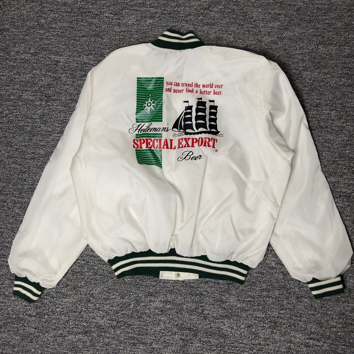 Birdie Heileman's Beer Satin Bomber Jacket L White Green