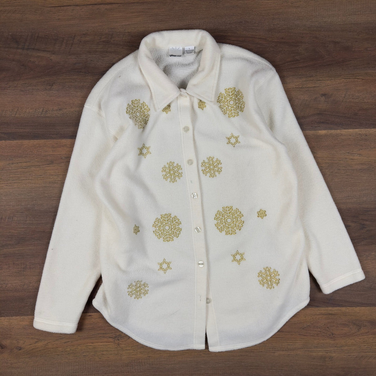 Glitterwear Snowflake Fleece Button Up Womens L Cream Gold