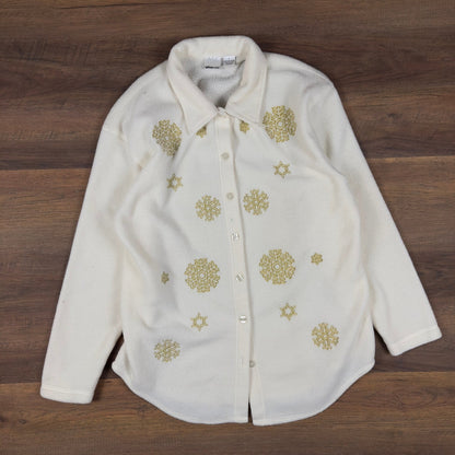 Glitterwear Snowflake Fleece Button Up Womens L Cream Gold