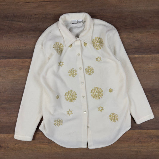 Glitterwear Snowflake Fleece Button Up Womens L Cream Gold