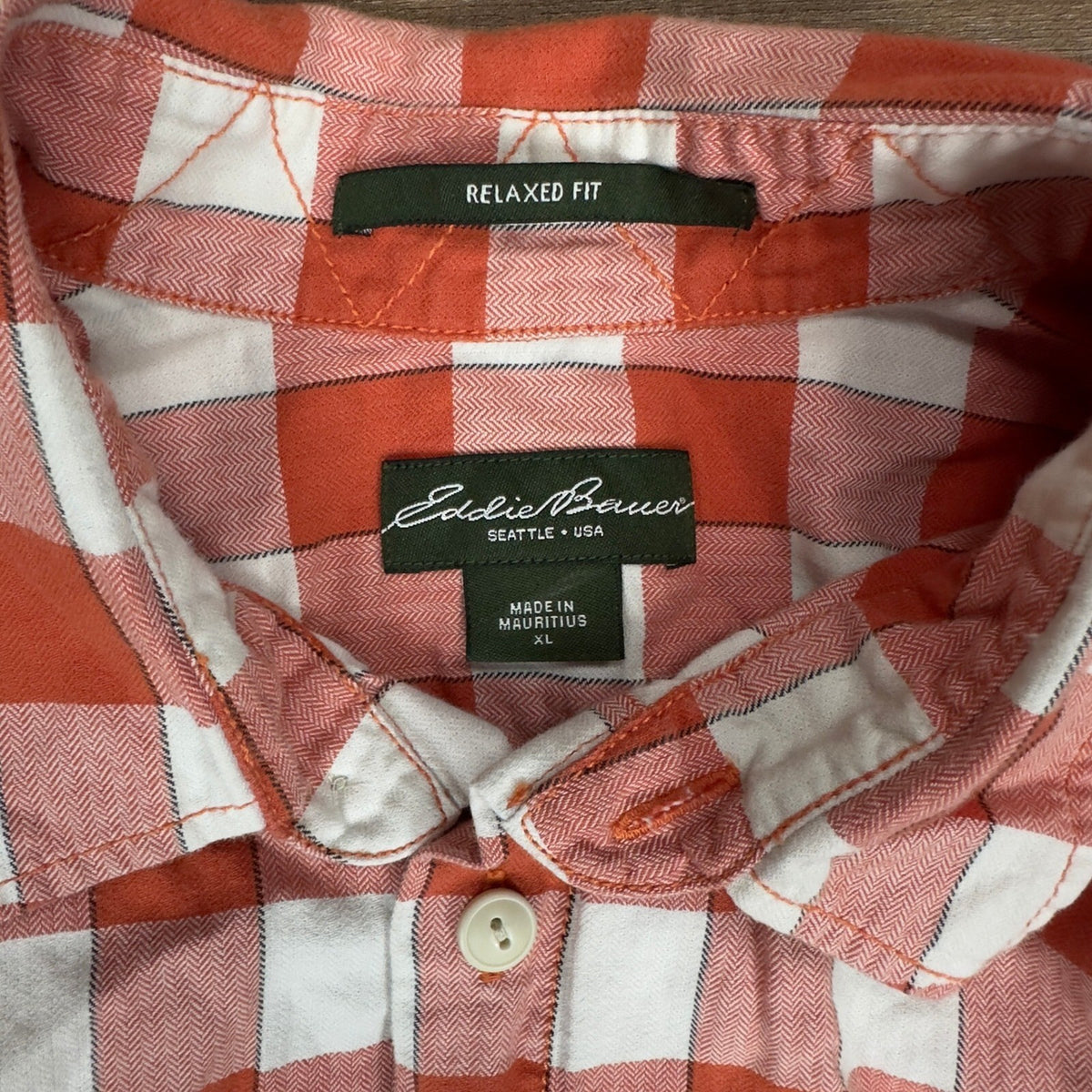 Eddie Bauer Mens Plaid Button Down Shirt Orange White XL