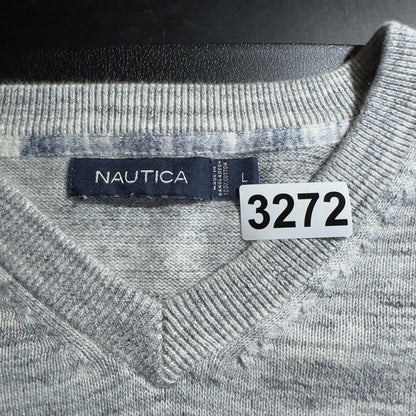 Nautica V-Neck Sweater Mens Large Grey Marl Cotton Classic