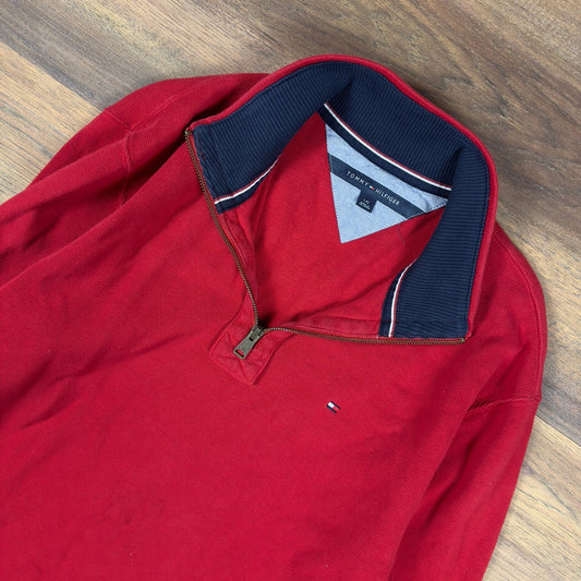 Tommy Hilfiger Red Ribbed Quarter Zip Sweater Mens L Preppy