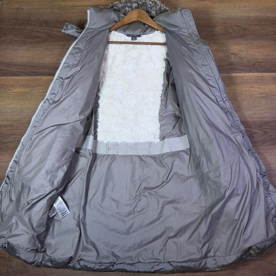 Eddie Bauer Women's Long Goose Down Puffer Parka Coat Faux Fur Hood Gray
