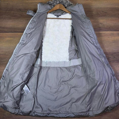 Eddie Bauer Women's Long Goose Down Puffer Parka Coat Faux Fur Hood Gray