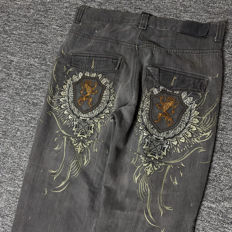 Y2K Gothic Lion Crest Embroidered Baggy Denim Jeans Gray