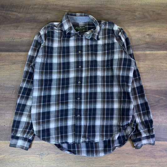Eddie Bauer Plaid Flannel Shirt Brown Navy Workwear Rugged