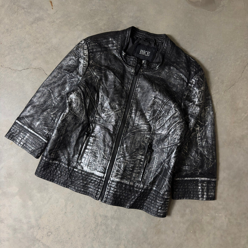 BKE Faux Leather Moto Jacket Womens Large Black Silver Distressed Grunge Y2K