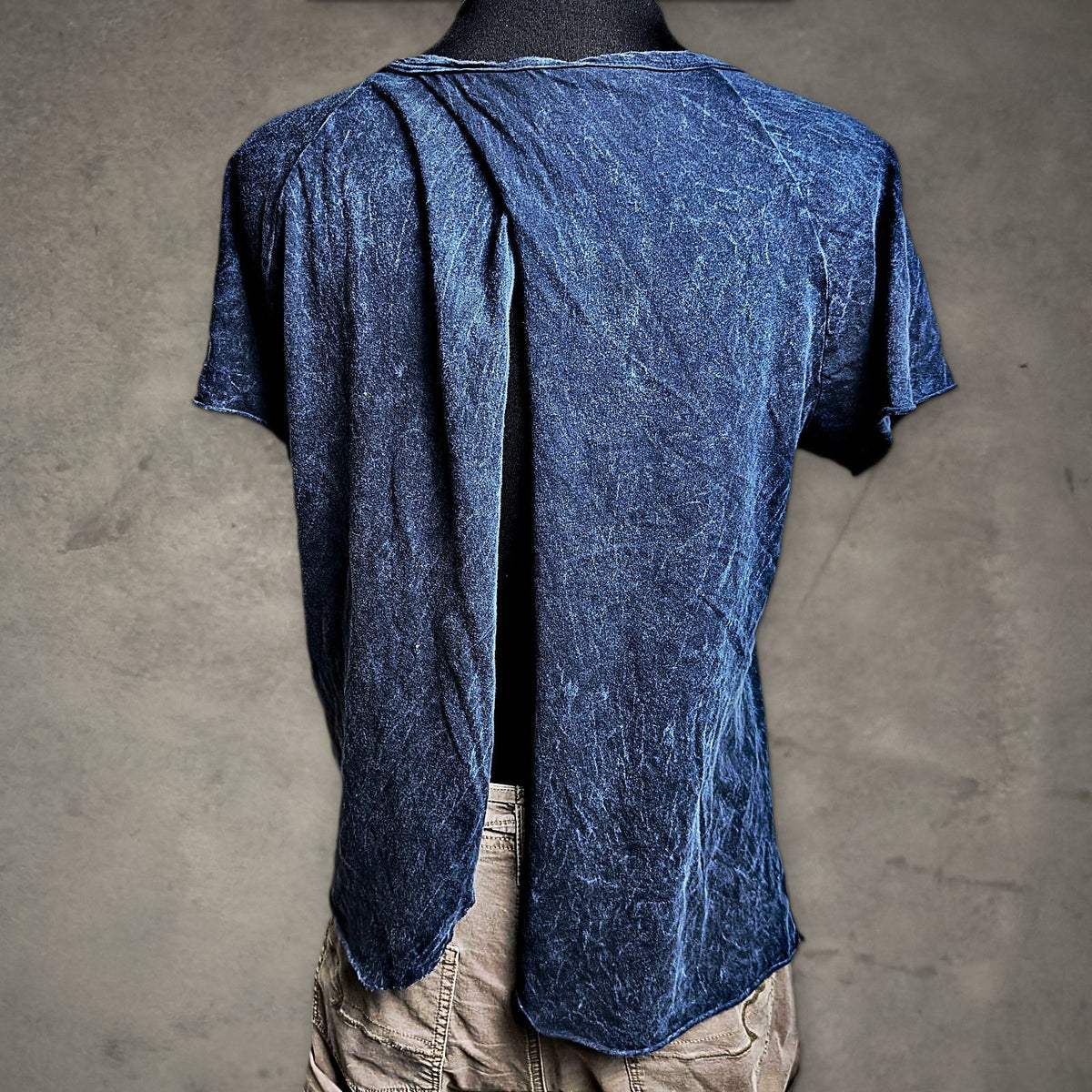 Affliction Open Back Tee Womens L Blue Acid Wash Rhinestone
