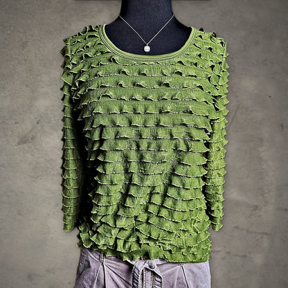 Slinky Brand Ruffle Tiered Top Womens M Olive Green
