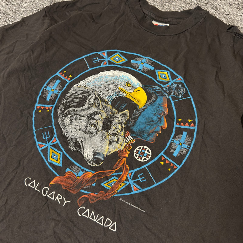 Vintage 1992 Calgary Canada Wolf Eagle Native Tee XL